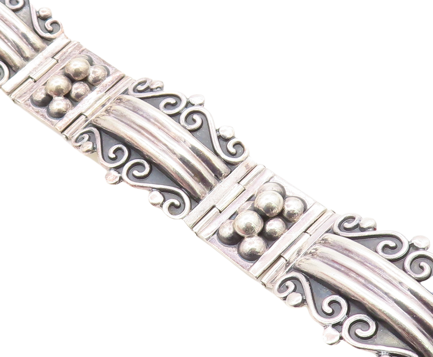 CII MEXICO 925 Silver  Vintage Swirl Patterned Bar Link Chain Bracelet  BT3029