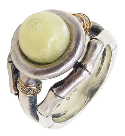 925 Sterling Silver & 14K Gold Vintage Real Diamonds Bamboo Ring Sz 6 RG10050