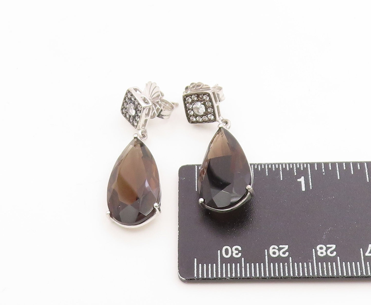 925 Sterling Silver Vintage Earrings Classic Smoky Quartz & CZ Teardrop  EG14350