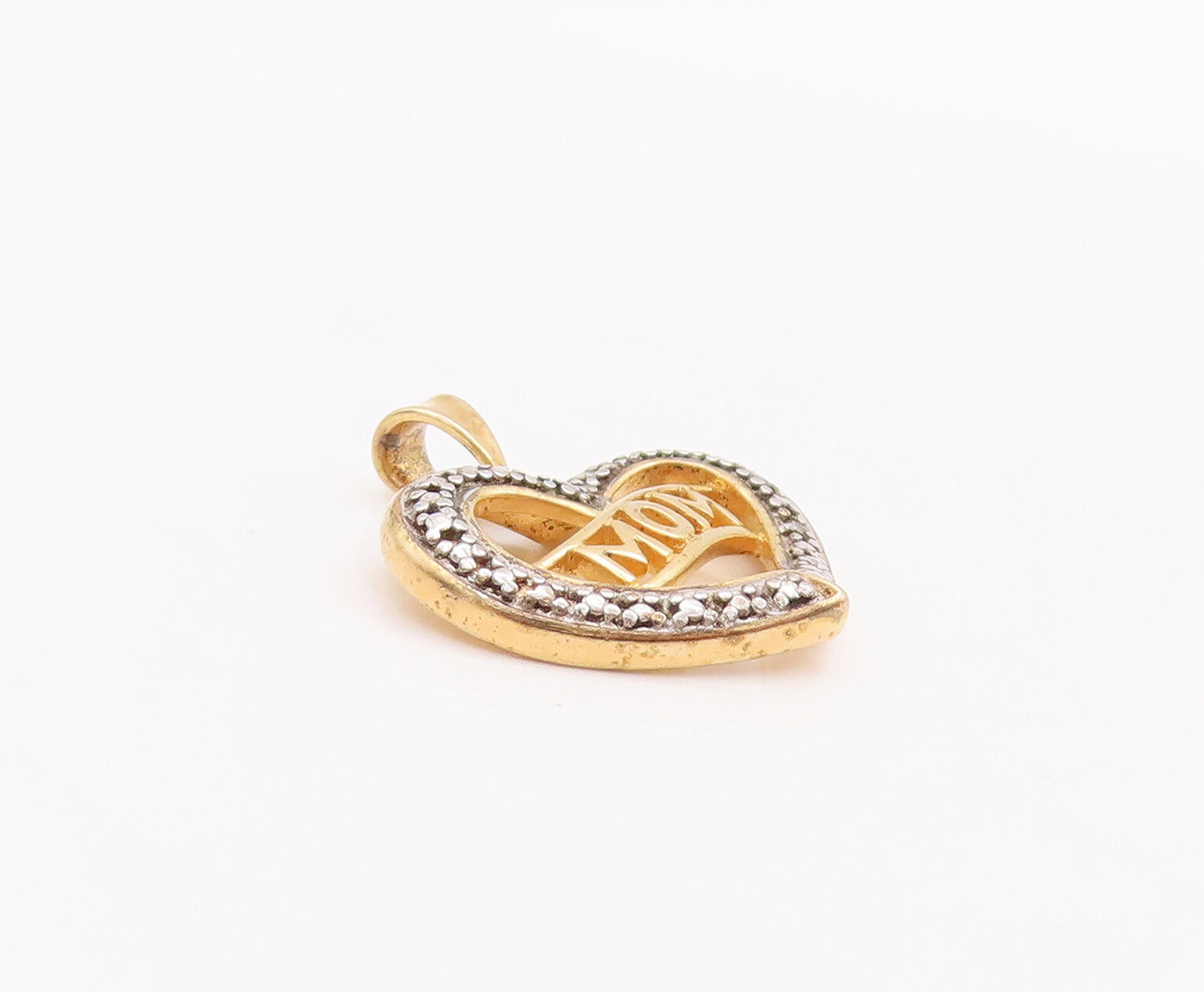 925 Sterling Silver Vintage Pendant Cutout CZ Beaded Heart Carved MOM  PT23066