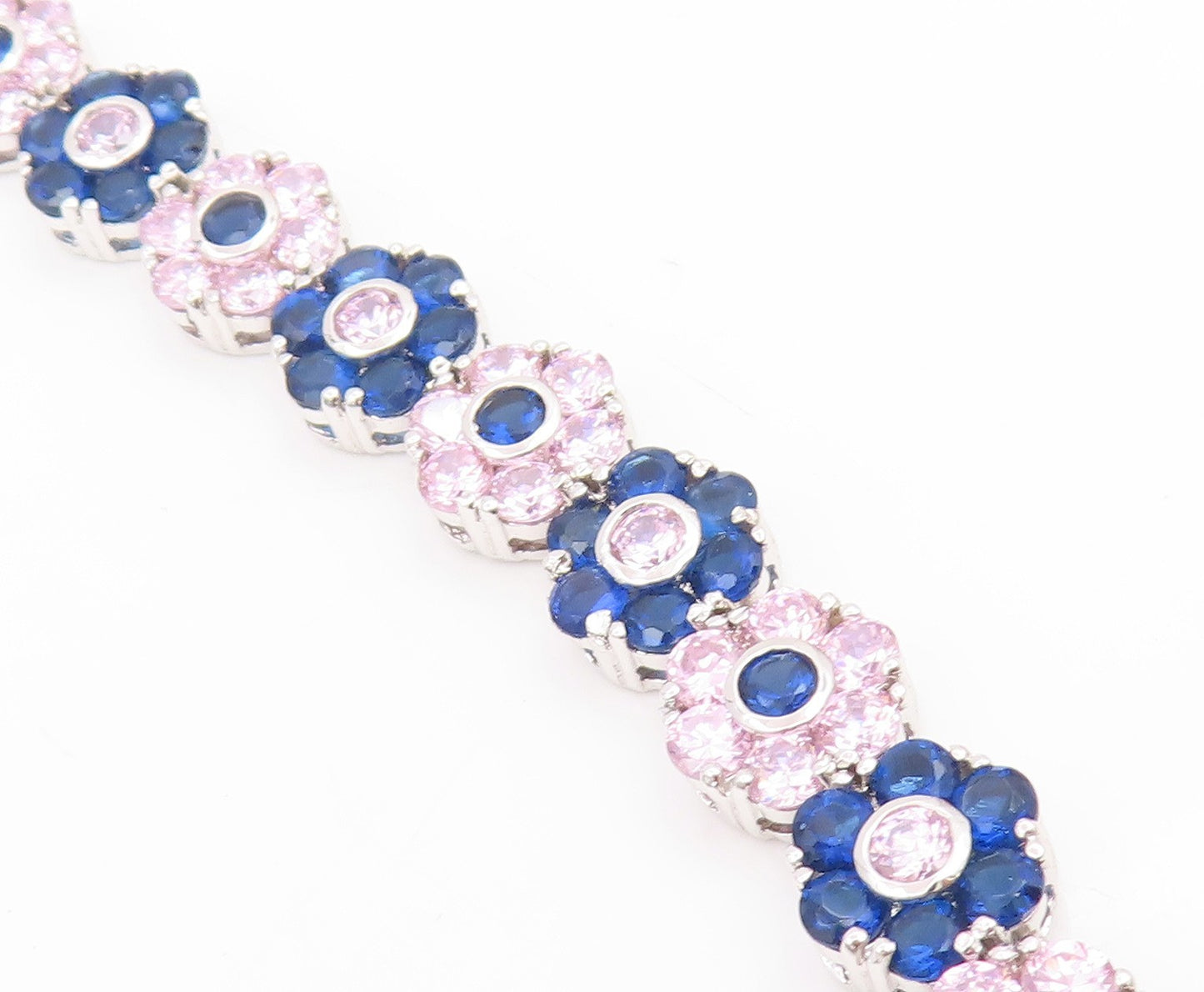 925 Sterling Silver Vintage Necklace Pink & Blue Topaz Floral Link Chain  NE4813