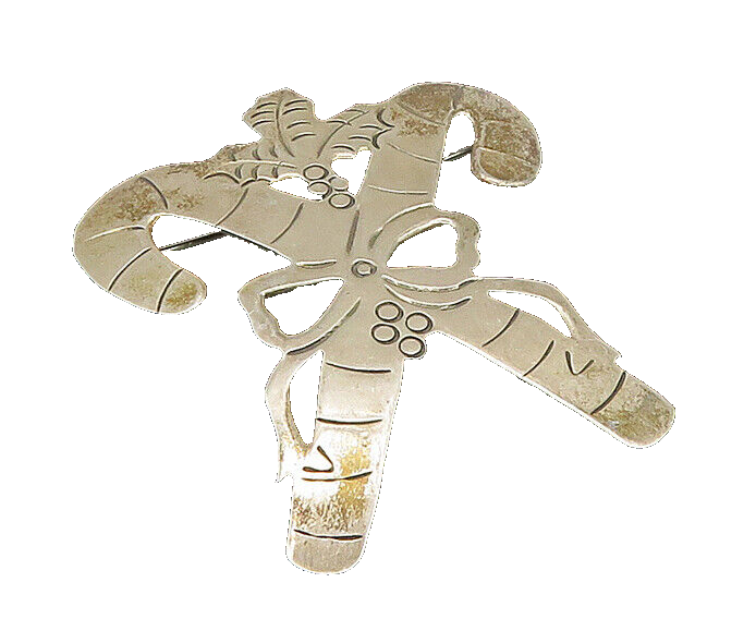 MEXICO 925 Sterling Silver  Vintage Shiny XMas Candy Canes Brooch Pin  BP8315