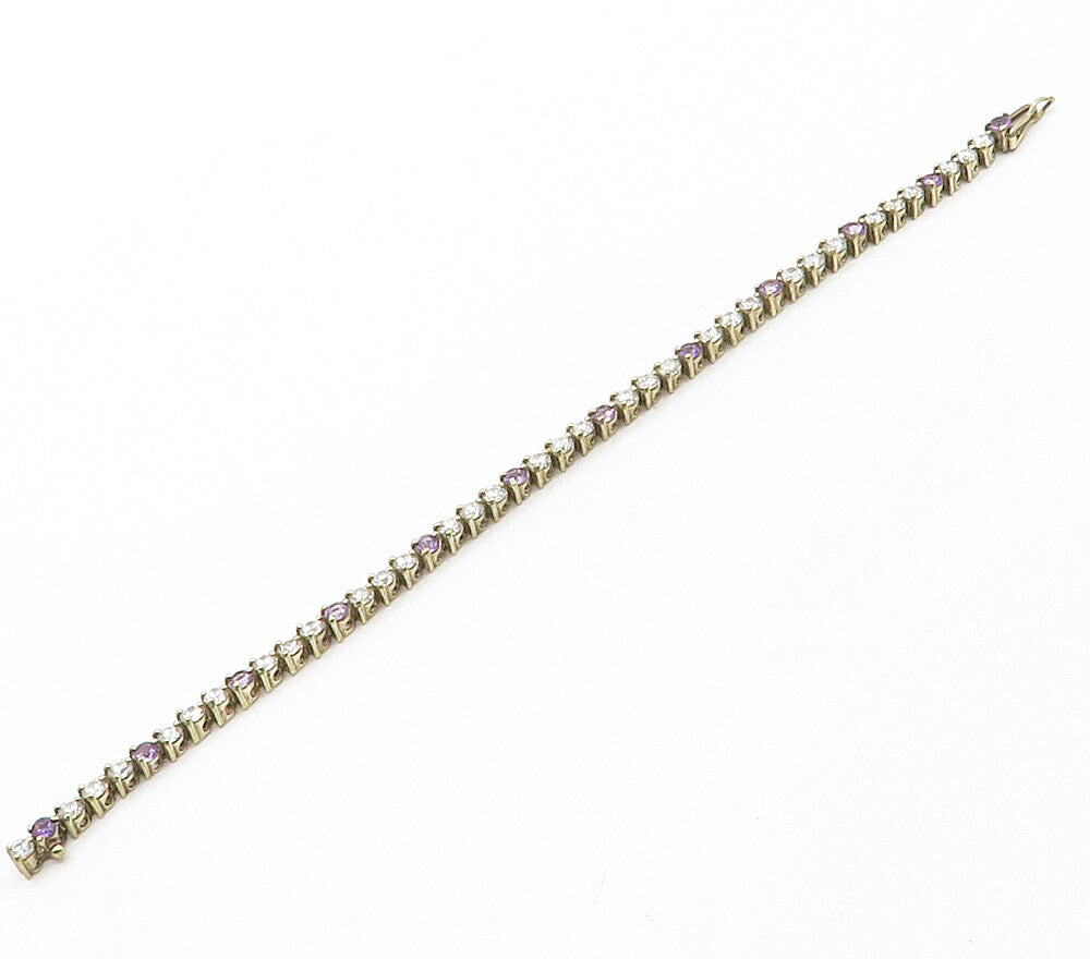 925 Sterling Silver  Vintage Cubic Zirconia & Amethyst Chain Bracelet  BT6275
