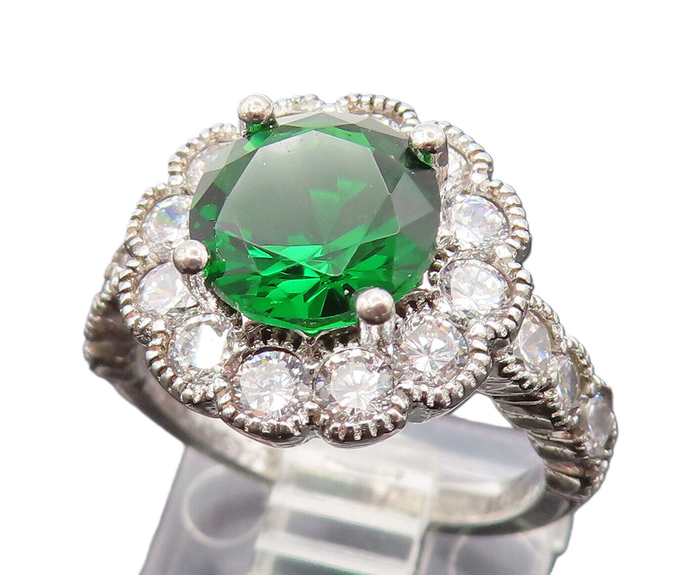 925 Silver  Vintage Emerald & Cubic Zirconia Flower Ring Sz 5.25  RG26129