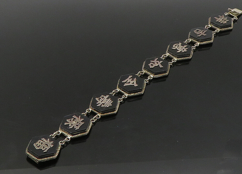 CHINESE 925 Sterling Silver  Vintage Black Onyx Hexagon Chain Bracelet  BT8946