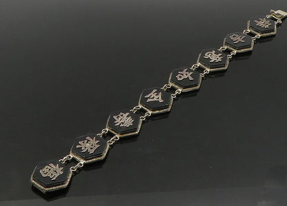 CHINESE 925 Sterling Silver  Vintage Black Onyx Hexagon Chain Bracelet  BT8946
