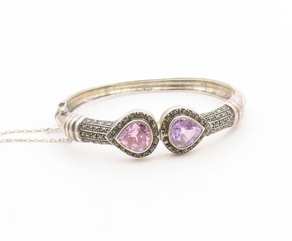 925 Sterling Silver Vintage Bracelet Pear Cut Amethyst & Topaz Bangle  BT11928