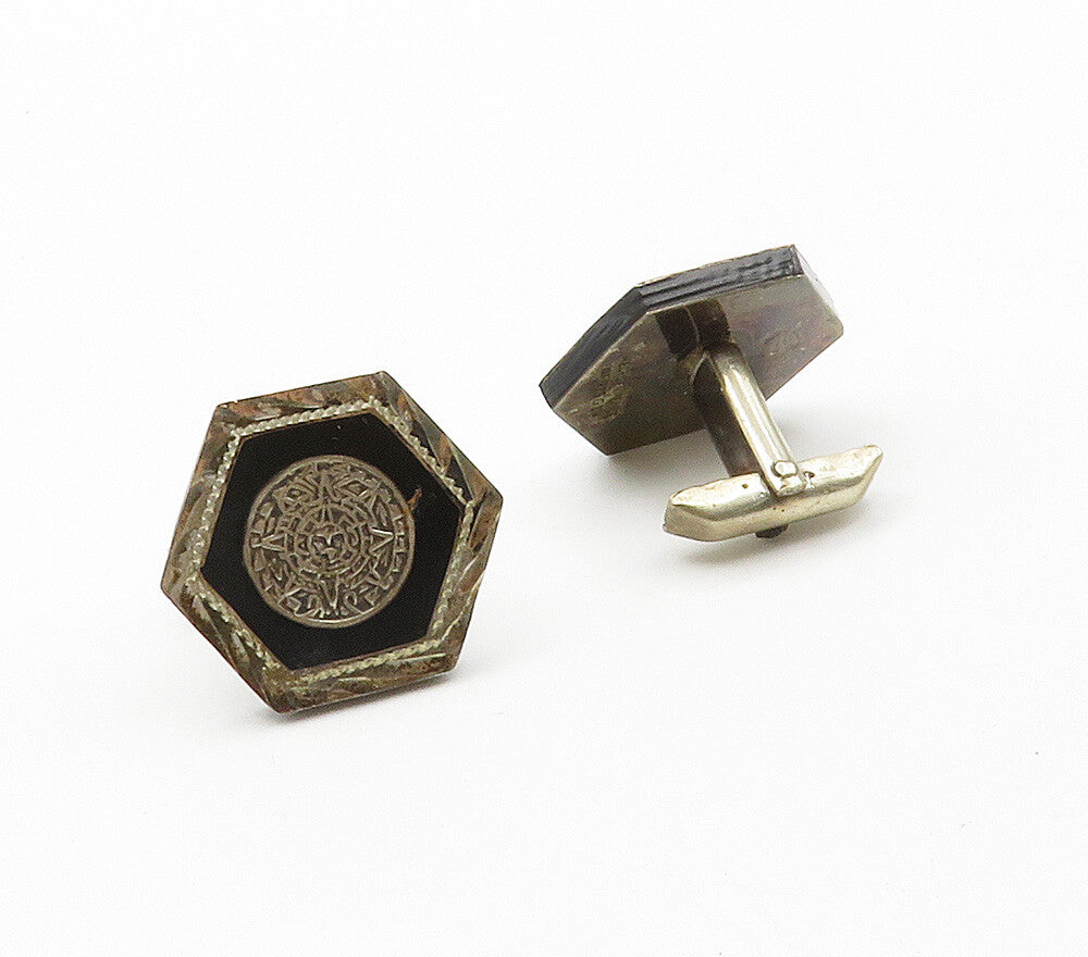 MEXICO 925 Sterling Silver Vintage Onyx Aztec Sun Calendar Cufflinks TR2177