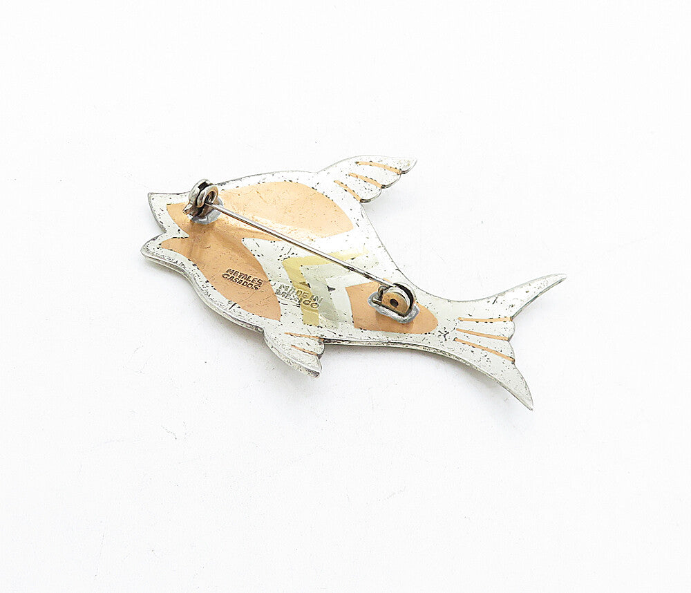 MEXICO 925 Sterling Silver  Vintage Three Tone Fish Motif Brooch Pin  BP1954