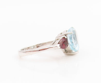 925 Sterling Silver Vintage Ring Heart Shape Topaz & Garnet Band  Sz 6  RG34821