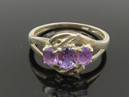 925 Silver  Vintage Oval Amethyst Three Stone Split Shank Ring Sz 6  RG24247