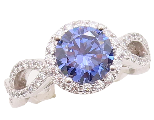 925 Sterling Silver Vintage Ring Round Blue Designer CZ Band  Sz 7  RG29301