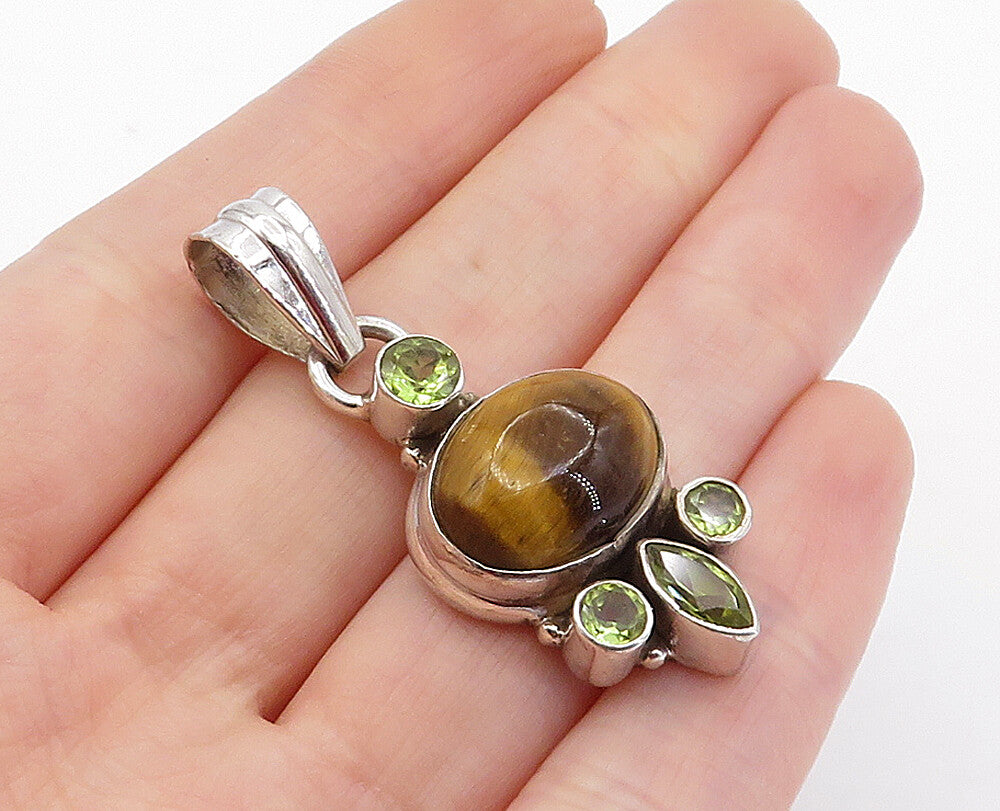925 Sterling Silver  Vintage Cabochon Cut Tiger's Eye & Peridot Pendant PT3099
