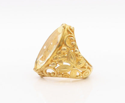 925 Sterling Silver Vintage Ring Gold Plated Carved Lime Quartz  Sz 7  RG30070