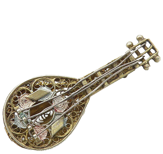 925 Sterling Silver  Vintage Antique Filigree Banjo Motif Brooch Pin  BP7079