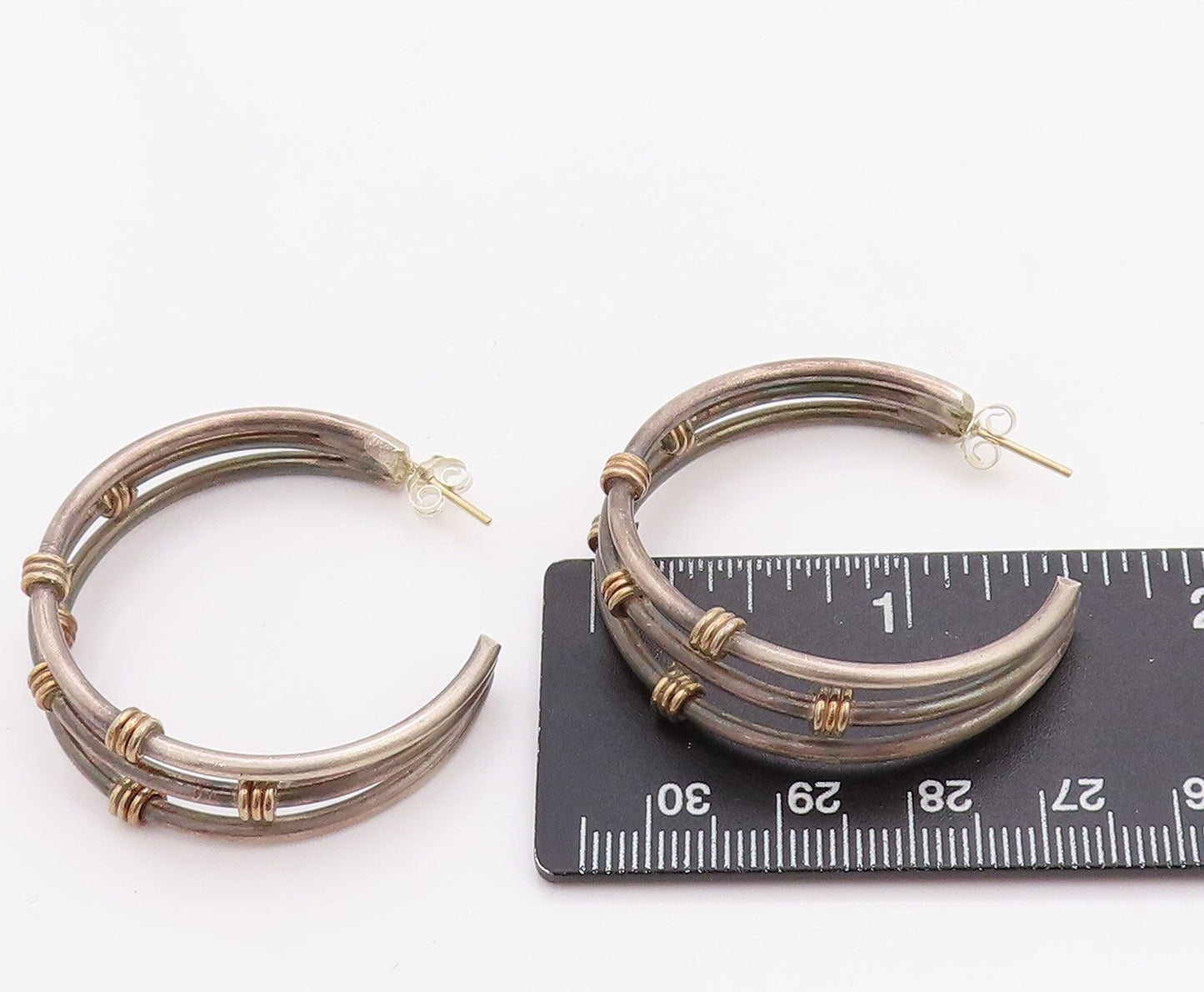 14k Gold 925 Sterling Silver Vintage Earrings Cutout Roped Open Hoops  EG13168