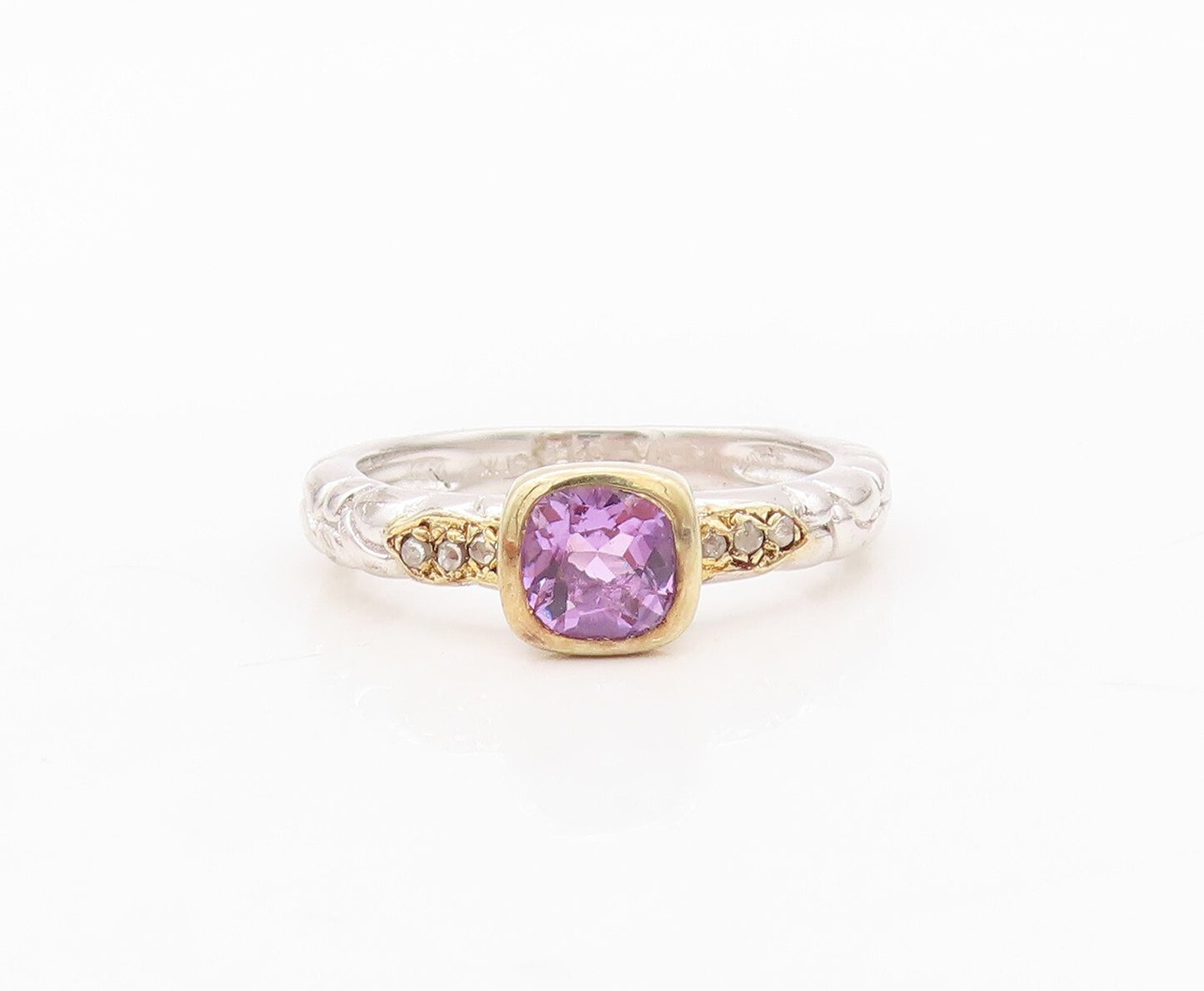 925 Sterling Silver Vintage Ring Diamonds & Square Amethyst Inlay  Sz 7  RG30453