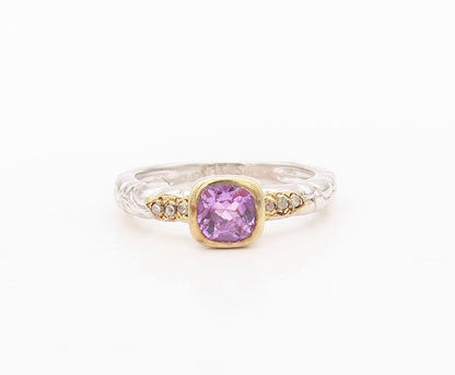 925 Sterling Silver Vintage Ring Diamonds & Square Amethyst Inlay  Sz 7  RG30453
