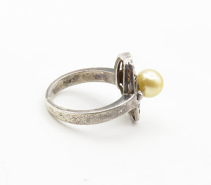925 Sterling Silver  Vintage Golden Pearl Swirl Vine Band Ring Sz 7  RG15508