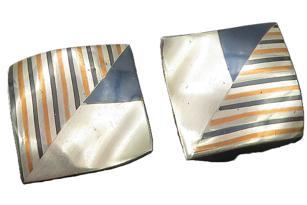 TERRI FOLTZ FOX 925 Silver  Vintage Modernist Pattern Drop Earrings  EG5955