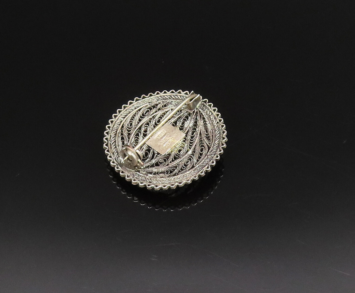 ISRAEL 925 Silver  Vintage Filigree Floral Tourmaline Brooch Pin  BP9883