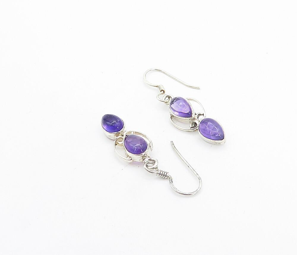 925 Sterling Silver  Tear Drop Amethyst Shiny Swirl Dangle Earrings  EG3238