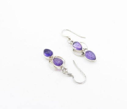 925 Sterling Silver  Tear Drop Amethyst Shiny Swirl Dangle Earrings  EG3238