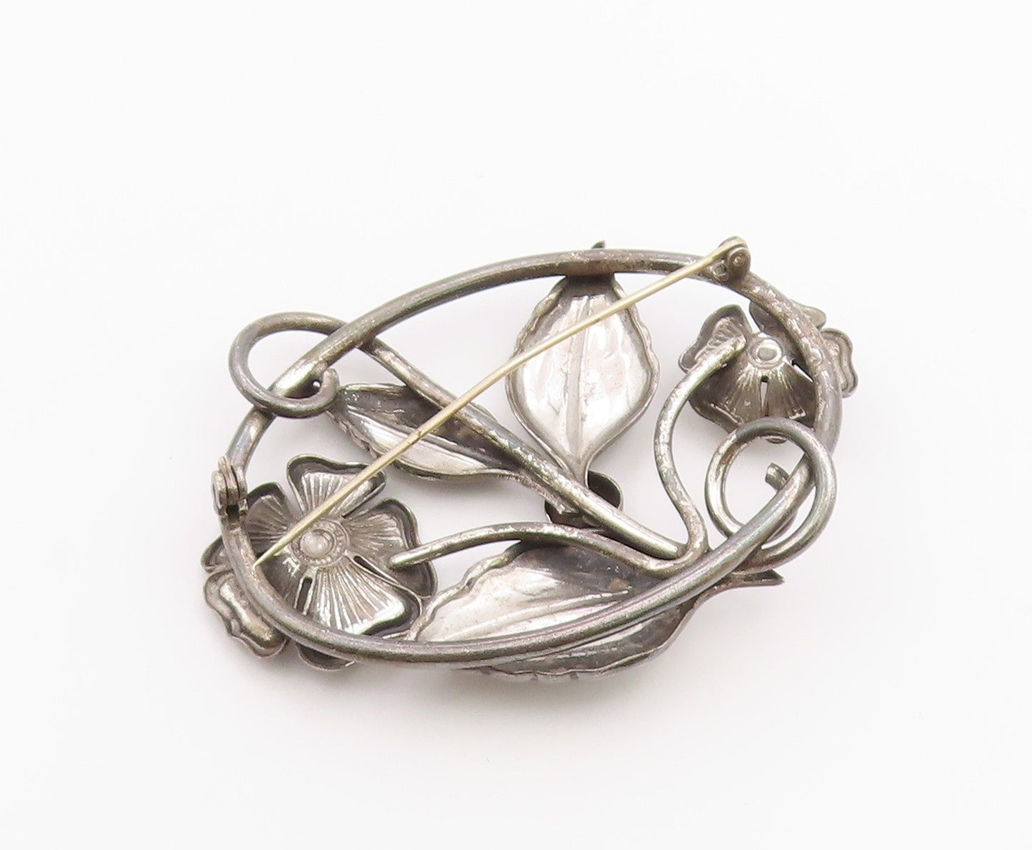 925 Sterling Silver  Vintage Oxidized Flowers Motif Oval Brooch Pin  BP4391