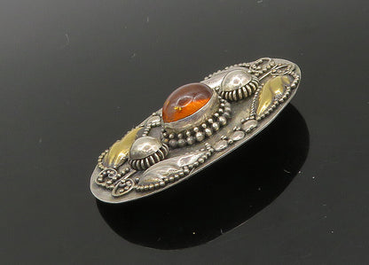 925 Silver & 18K GOLD  Vintage Cabochon Cut Amber 2 Tone Brooch Pin  BP8304