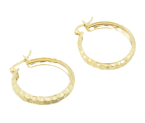 925 Sterling Silver  Shiny Hammered Gold Plated Round Hoop Earrings  EG9490