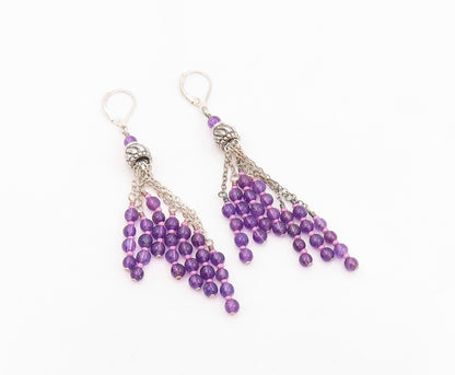 925 Sterling Silver Vintage Earrings Purple Beaded Chandelier Dangles  EG13910