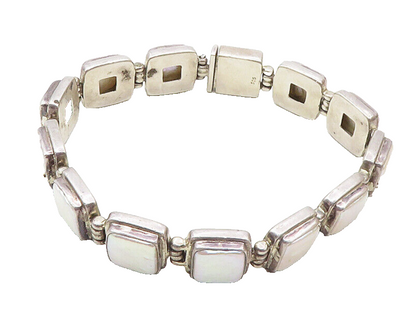 925 Sterling Silver  Vintage Pearls Square Hinge Link Chain Bracelet  BT4443