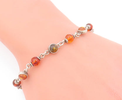 925 Sterling Silver Vintage Bracelet Mini Round Cabochon Amber Links  BT10431