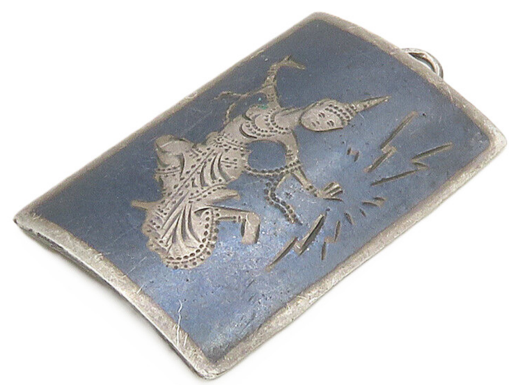 SIAM 925 Sterling Silver  Vintage Enamel Niello Dancer Square Pendant  PT12217