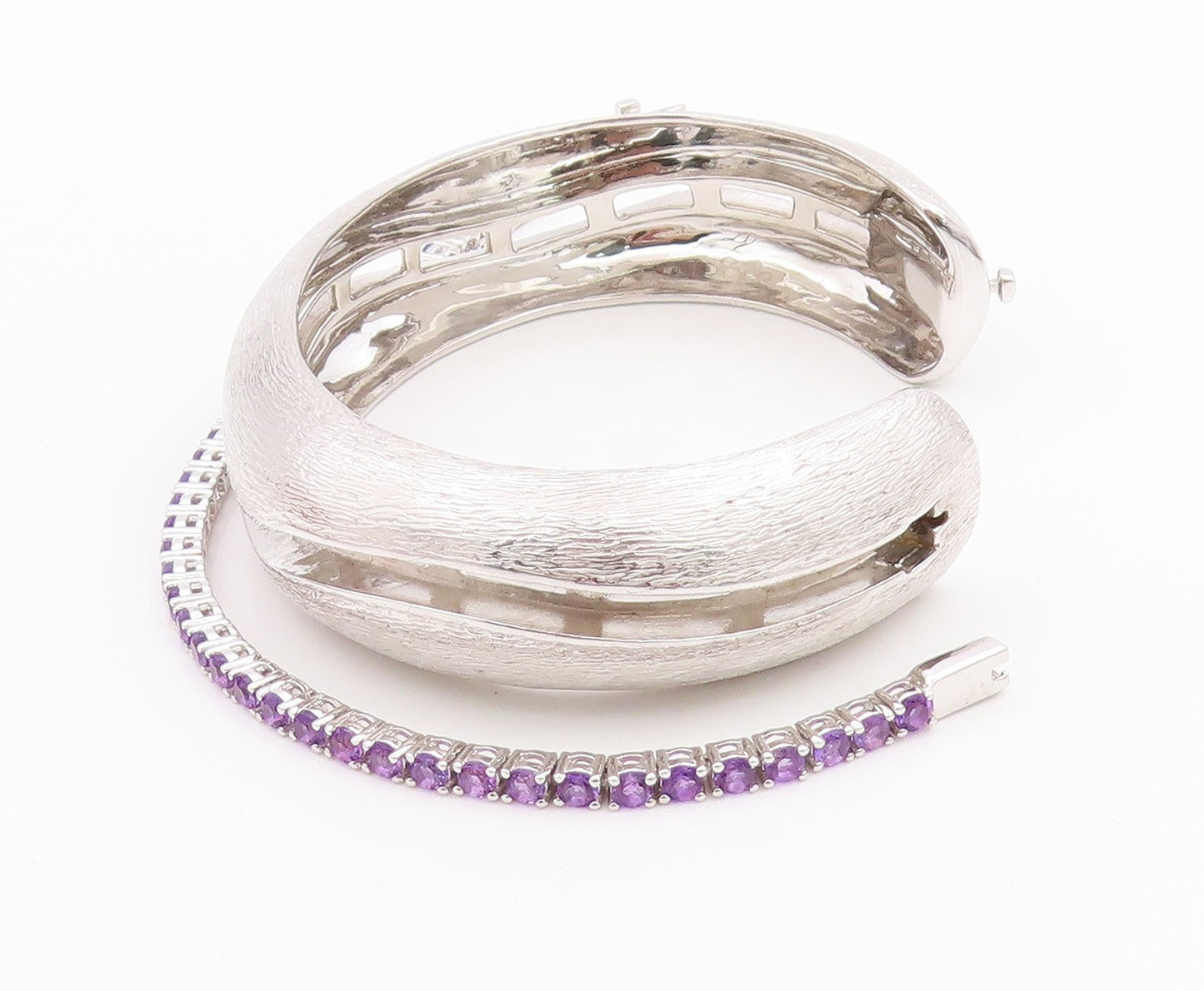 925 Sterling Silver Vintage Bracelet Modernist Amethyst Chain Inlay Cuff BT11351