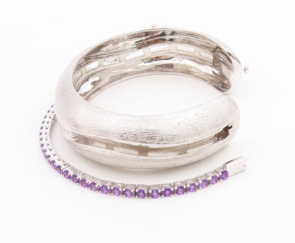 925 Sterling Silver Vintage Bracelet Modernist Amethyst Chain Inlay Cuff BT11351