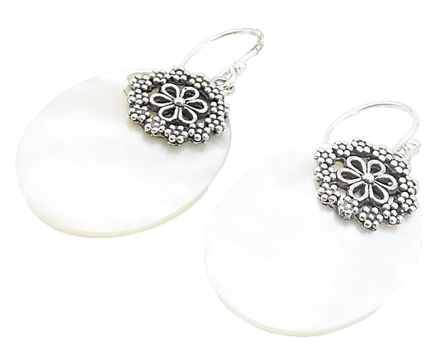 925 Sterling Silver  Mother Of Pearl Floral Detail Oval Dangle Earrings EG3313