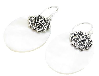 925 Sterling Silver  Mother Of Pearl Floral Detail Oval Dangle Earrings EG3313
