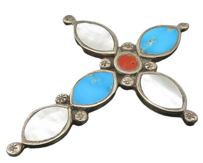ZUNI 925 Sterling Silver Vintage Turquoise & Mother Of Pearl Pendant PT16446