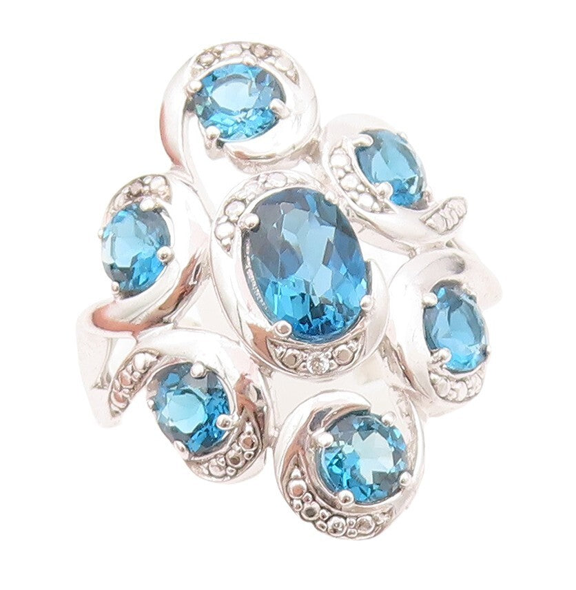 925 Sterling Silver Vintage Ring Oval Floral London Topaz Inlay Sz 7.5 RG30326