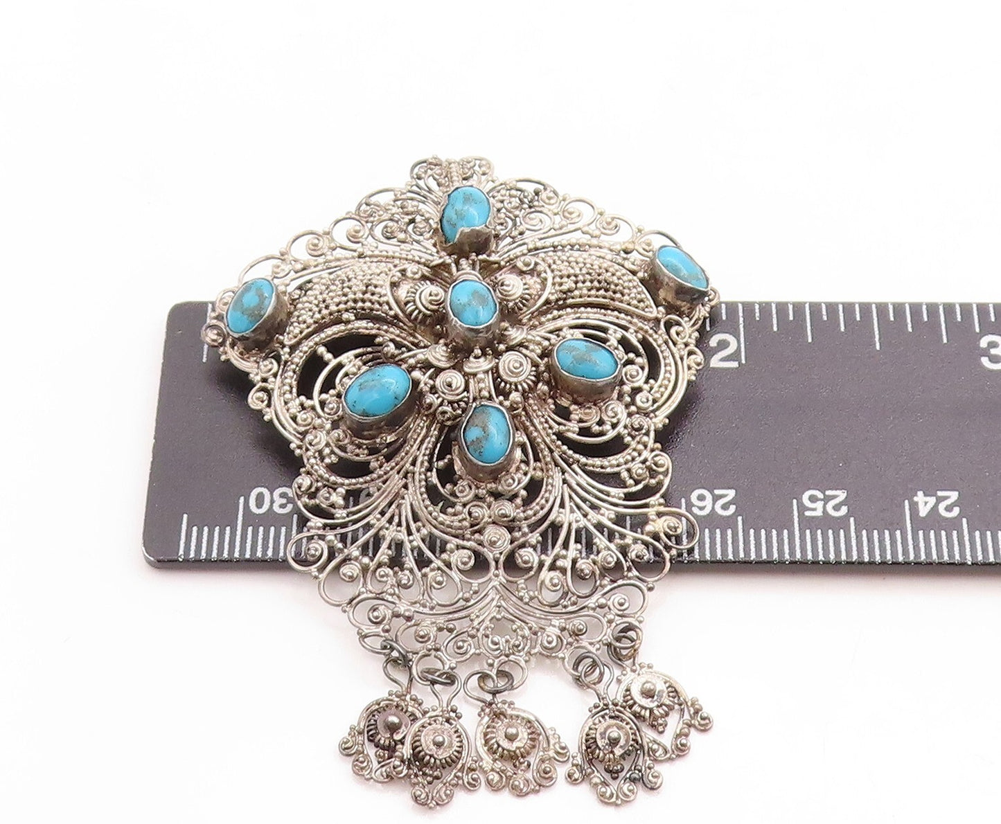 925 Sterling Silver Vintage Brooch Pin Turquoise Inlay Floral Filigree  BP11430