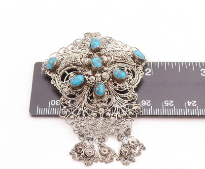 925 Sterling Silver Vintage Brooch Pin Turquoise Inlay Floral Filigree  BP11430