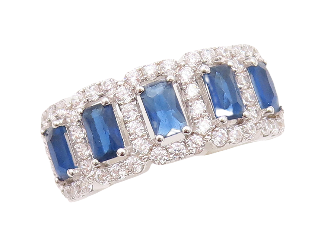 925 Sterling Silver Vintage Ring Rectangle Cut Sapphire Halo CZ  Sz 7.5  RG30237