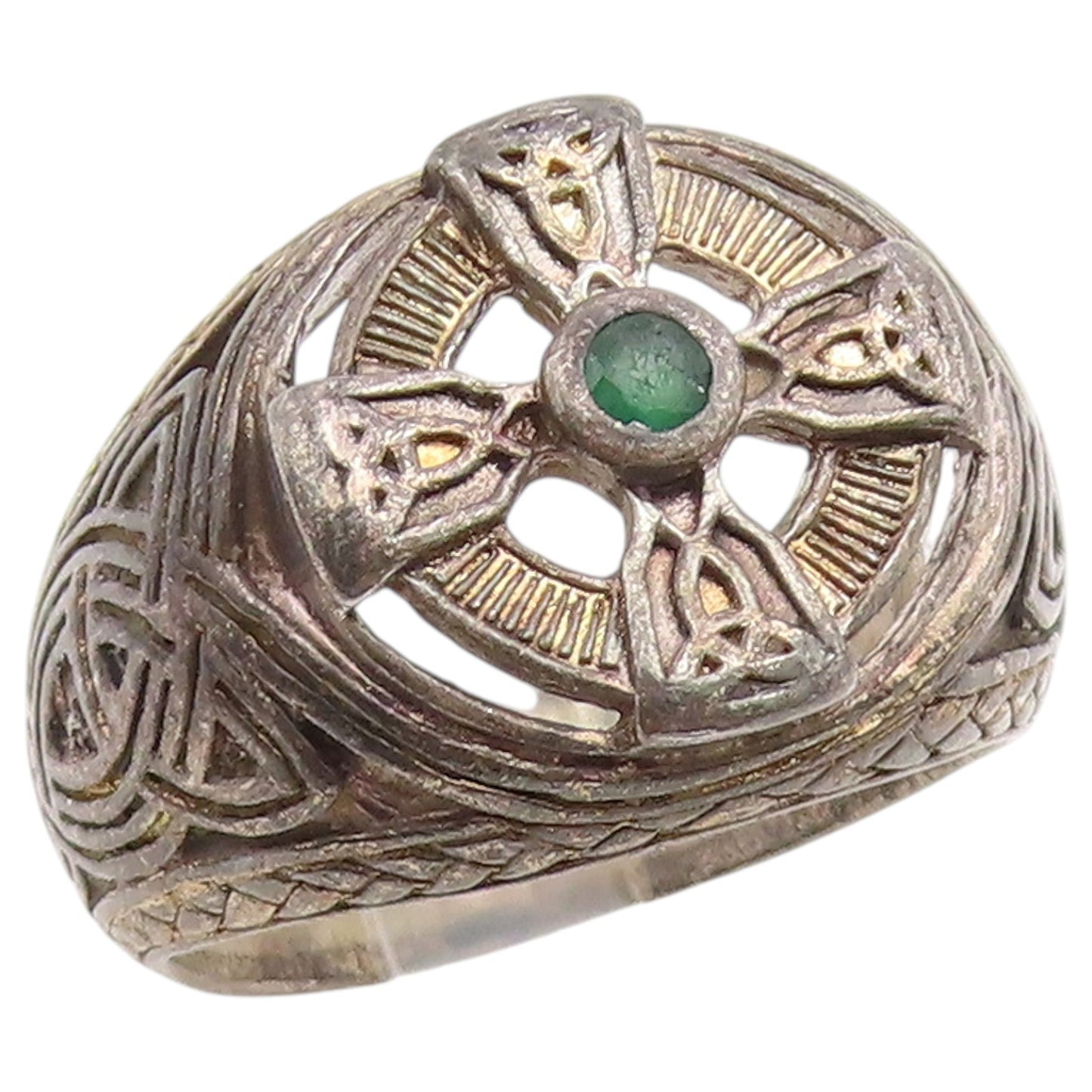 925 Sterling Silver Vintage Ring FRANKLIN MINT Emerald Cross  Sz 10  RG36736