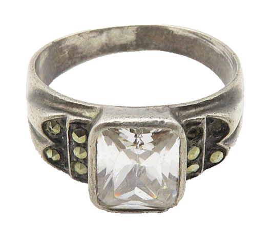 925 Sterling Silver  Vintage Cubic Zirconia & Marcasite Band Ring Sz 6 RG10376