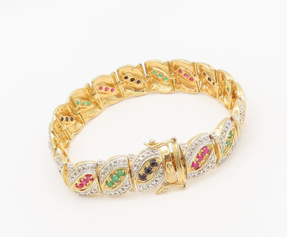 925 Silver  Vintage Gold Plated Ruby & Emerald & Sapphire CZ Bracelet  BT10124