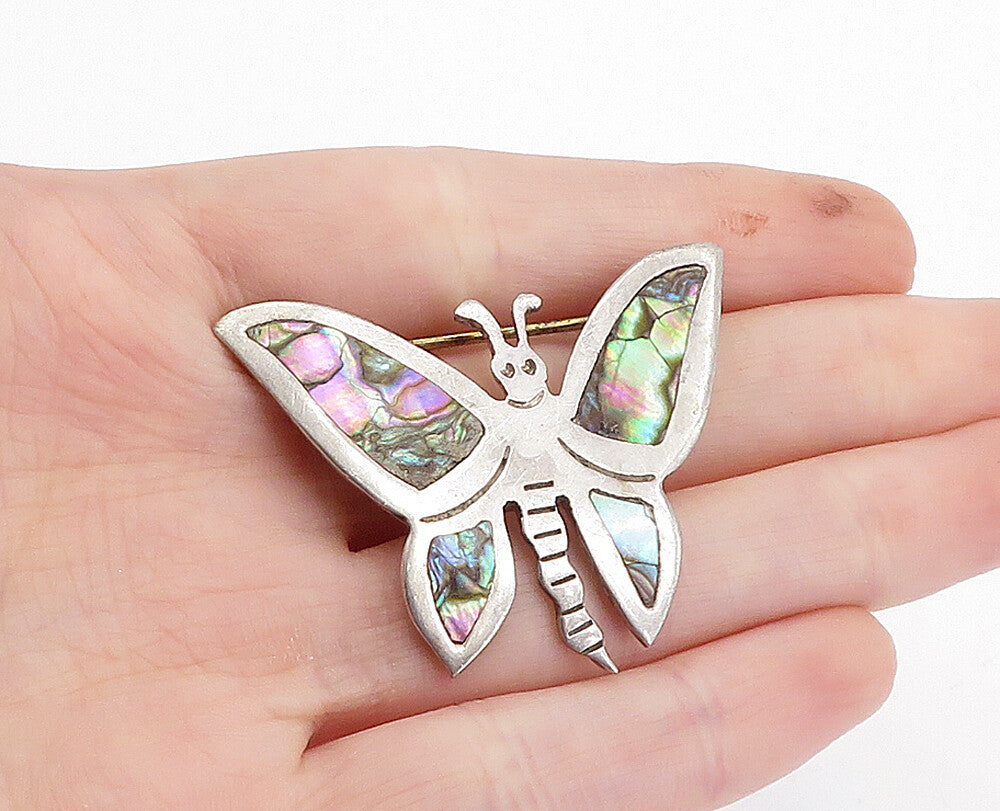 MEXICO 925 Sterling Silver  Vintage Abalone Shell Butterfly Brooch Pin  BP1335