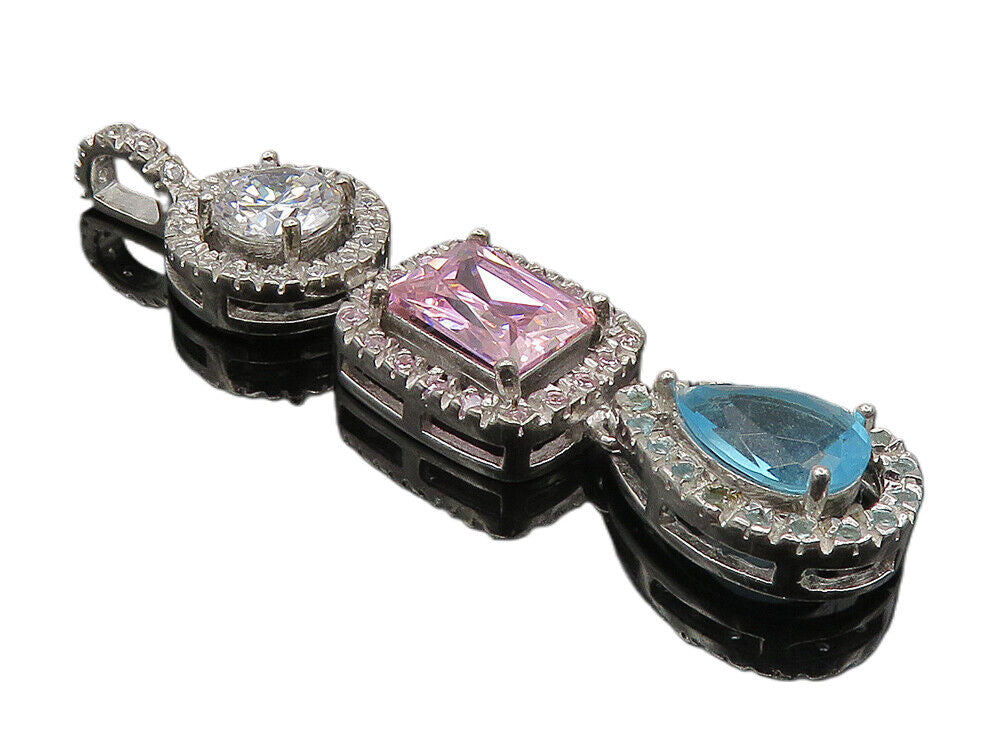 925 Sterling Silver  Cubic Zirconia & Topaz Vertical Linked Pendant  PT6641