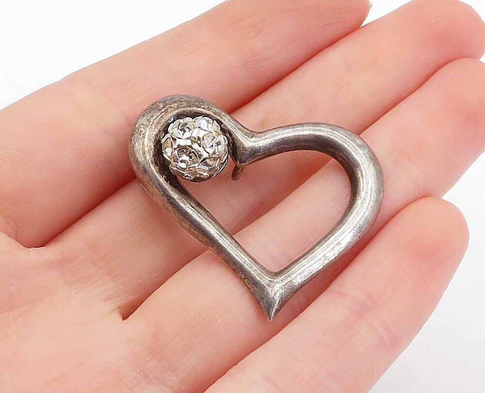 925 Sterling Silver  Vintage Cubic Zirconia Open Love Heart Pendant  PT2991
