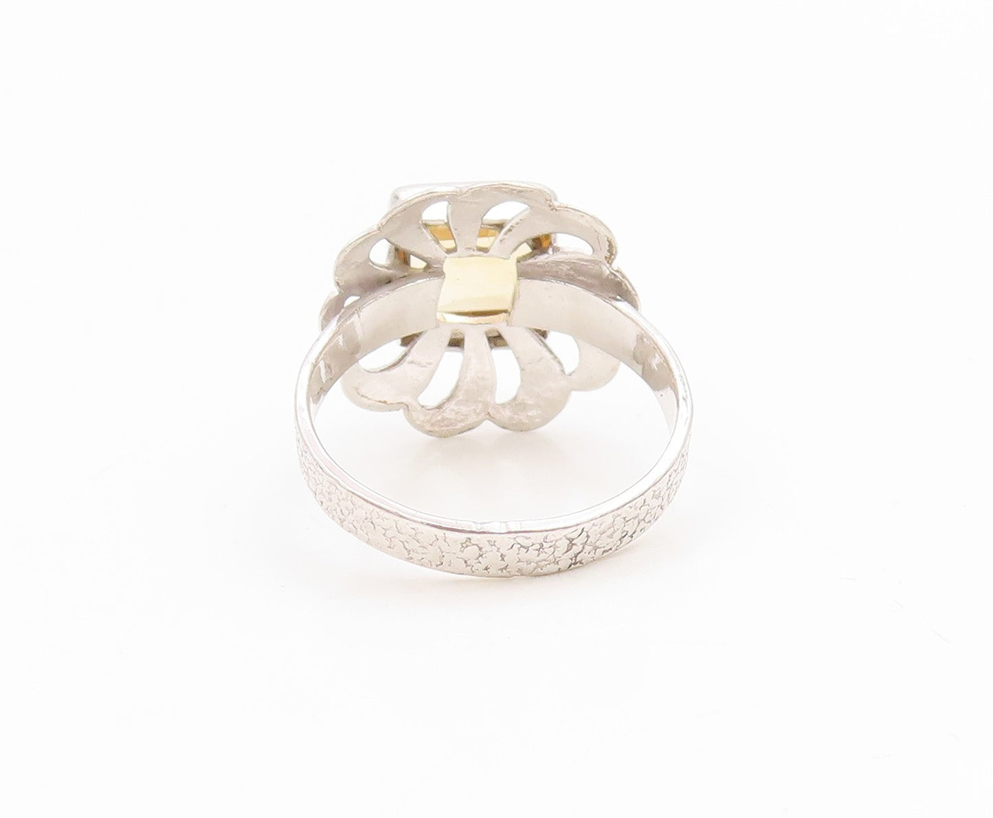 925 Sterling Silver Vintage Ring Modernist Citrine Floral Cutout  Sz 7  RG36175